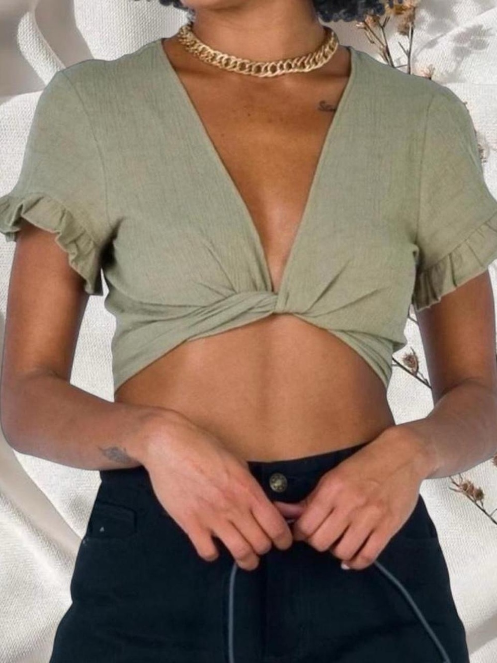 Princess Polly Honey Honey Tie Up Crop Top Khaki Green